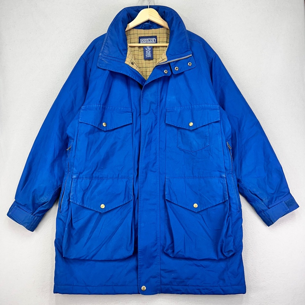 Vintage Lands' End Barn Coat Mens Medium Blue Wool Flannel Lined Chore Jacket